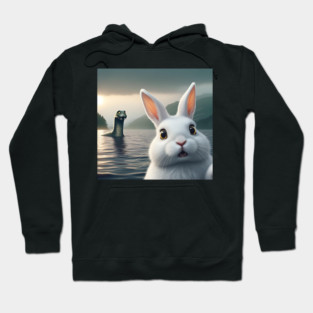 Surprised Rabbit Selfie with Loch Ness Monster Nessie funny Hoodie