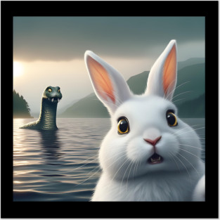 Surprised Rabbit Selfie with Loch Ness Monster Nessie funny Posters and Art