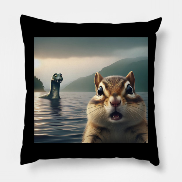 Scared chipmunk standing near Loch Ness in Scotland takes selfie with Loch Ness Monster Nessie Pillow by Luxinda