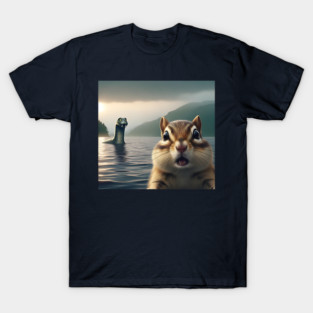 Scared chipmunk standing near Loch Ness in Scotland takes selfie with Loch Ness Monster Nessie T-Shirt
