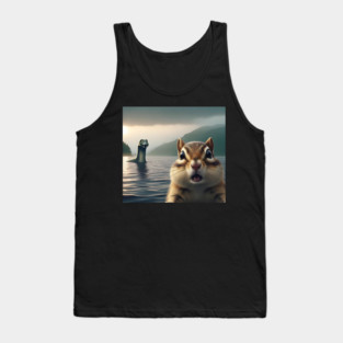 Scared chipmunk standing near Loch Ness in Scotland takes selfie with Loch Ness Monster Nessie Tank Top