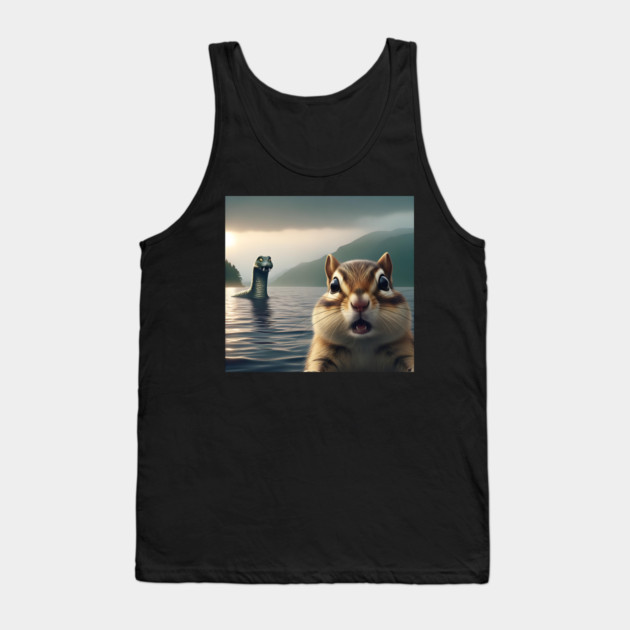 Scared chipmunk standing near Loch Ness in Scotland takes selfie with Loch Ness Monster Nessie Tank Top by Luxinda