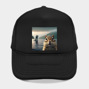 Scared chipmunk standing near Loch Ness in Scotland takes selfie with Loch Ness Monster Nessie Hat