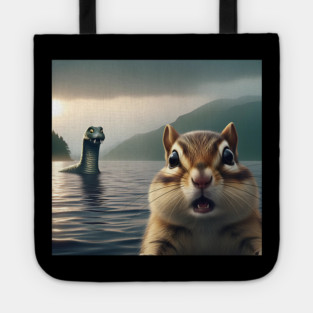 Scared chipmunk standing near Loch Ness in Scotland takes selfie with Loch Ness Monster Nessie Tote