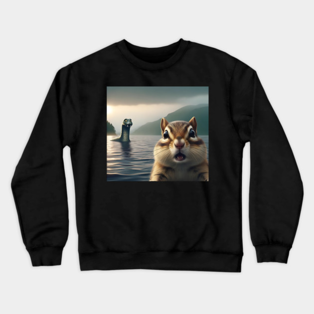 Scared chipmunk standing near Loch Ness in Scotland takes selfie with Loch Ness Monster Nessie Crewneck Sweatshirt by Luxinda