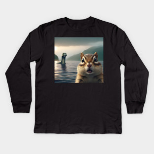 Scared chipmunk standing near Loch Ness in Scotland takes selfie with Loch Ness Monster Nessie Kids Long Sleeve T-Shirt