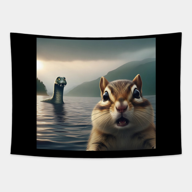 Scared chipmunk standing near Loch Ness in Scotland takes selfie with Loch Ness Monster Nessie Tapestry by Luxinda