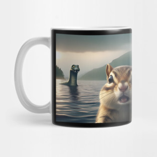 Scared chipmunk standing near Loch Ness in Scotland takes selfie with Loch Ness Monster Nessie Mug