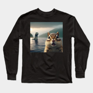 Scared chipmunk standing near Loch Ness in Scotland takes selfie with Loch Ness Monster Nessie Long Sleeve T-Shirt