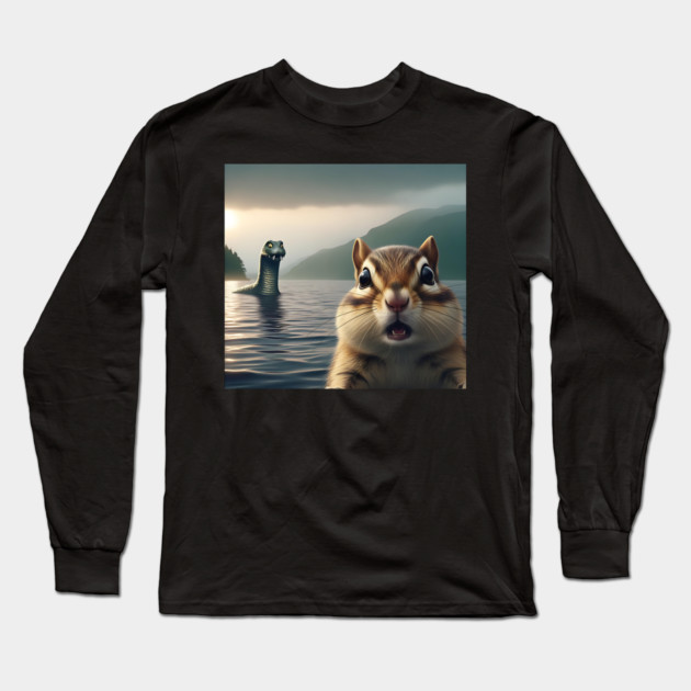 Scared chipmunk standing near Loch Ness in Scotland takes selfie with Loch Ness Monster Nessie Long Sleeve T-Shirt by Luxinda