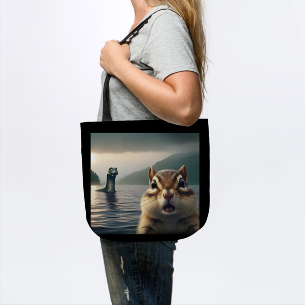 Scared chipmunk standing near Loch Ness in Scotland takes selfie with Loch Ness Monster Nessie by Luxinda