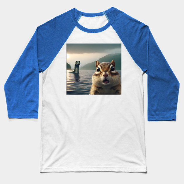 Scared chipmunk standing near Loch Ness in Scotland takes selfie with Loch Ness Monster Nessie Baseball T-Shirt by Luxinda