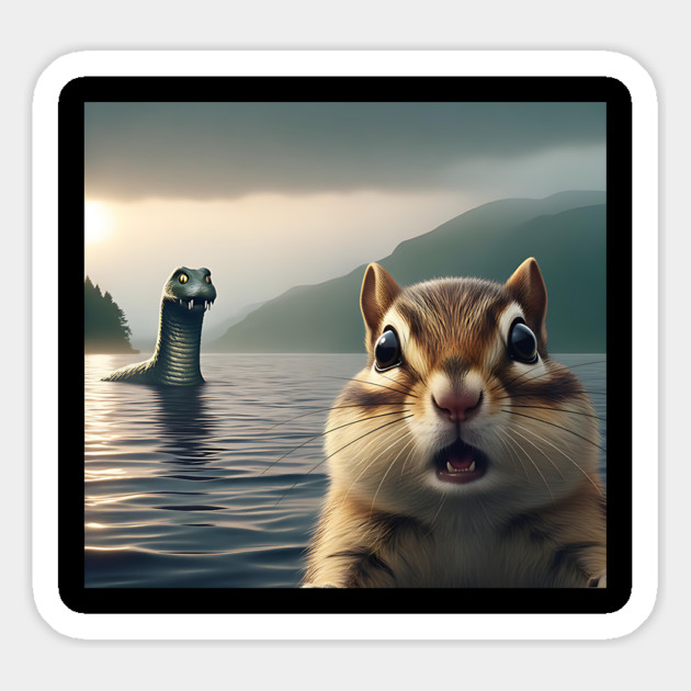Scared chipmunk standing near Loch Ness in Scotland takes selfie with Loch Ness Monster Nessie Magnet by Luxinda