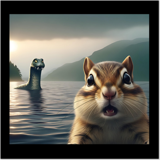 Scared chipmunk standing near Loch Ness in Scotland takes selfie with Loch Ness Monster Nessie Wall Art by Luxinda