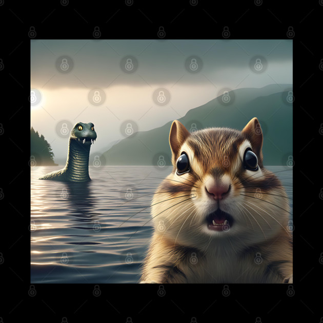 Scared chipmunk standing near Loch Ness in Scotland takes selfie with Loch Ness Monster Nessie by Luxinda
