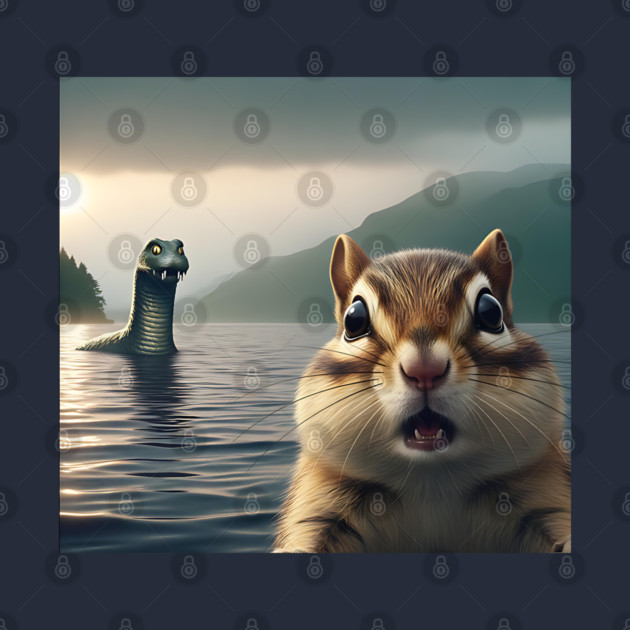 Scared chipmunk standing near Loch Ness in Scotland takes selfie with Loch Ness Monster Nessie by Luxinda