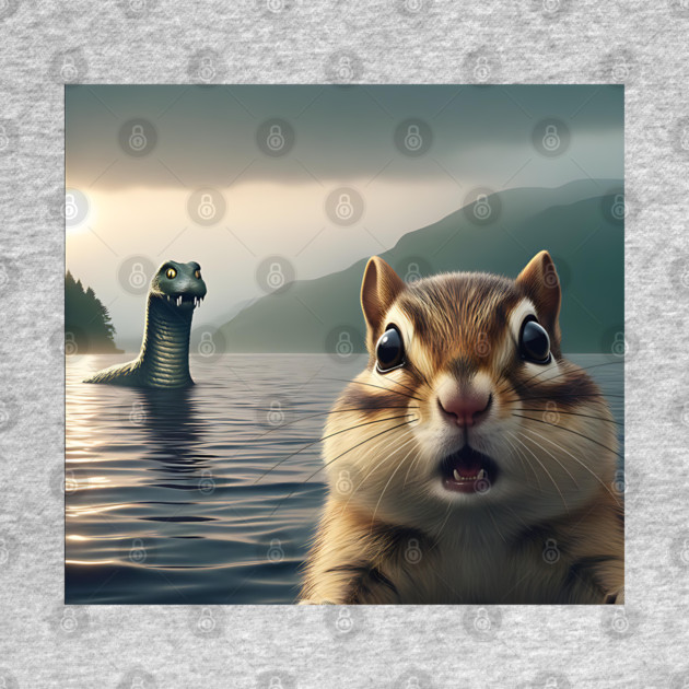 Scared chipmunk standing near Loch Ness in Scotland takes selfie with Loch Ness Monster Nessie by Luxinda