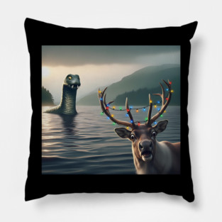 Scared reindeer standing near Loch Ness in Scotland takes selfie with Loch Ness Monster Pillow