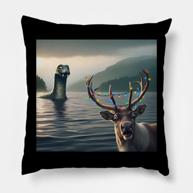 Scared reindeer standing near Loch Ness in Scotland takes selfie with Loch Ness Monster Pillow by Luxinda