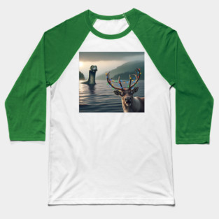 Scared reindeer standing near Loch Ness in Scotland takes selfie with Loch Ness Monster Baseball T-Shirt