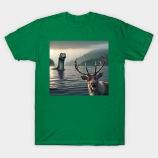 Scared reindeer standing near Loch Ness in Scotland takes selfie with Loch Ness Monster T-Shirt