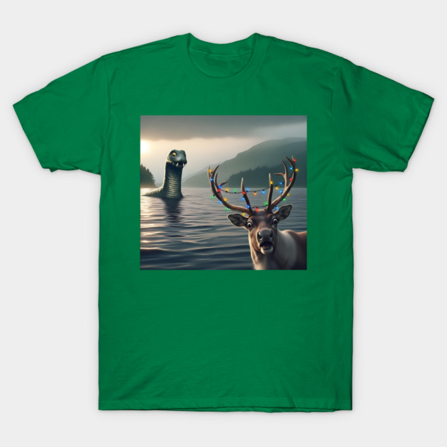 Scared reindeer standing near Loch Ness in Scotland takes selfie with Loch Ness Monster T-Shirt by Luxinda