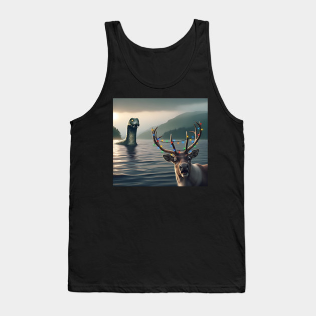 Scared reindeer standing near Loch Ness in Scotland takes selfie with Loch Ness Monster Tank Top by Luxinda