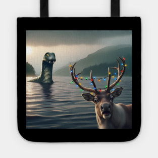 Scared reindeer standing near Loch Ness in Scotland takes selfie with Loch Ness Monster Tote
