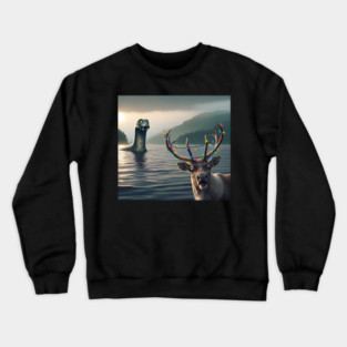 Scared reindeer standing near Loch Ness in Scotland takes selfie with Loch Ness Monster Crewneck Sweatshirt