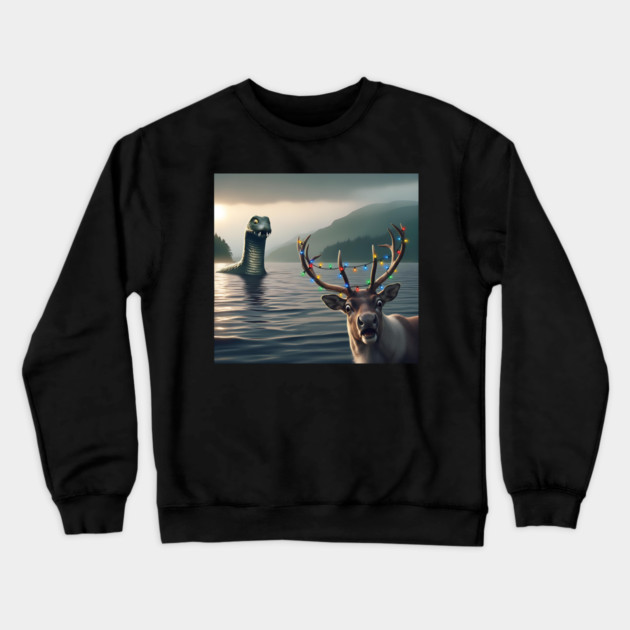 Scared reindeer standing near Loch Ness in Scotland takes selfie with Loch Ness Monster Crewneck Sweatshirt by Luxinda