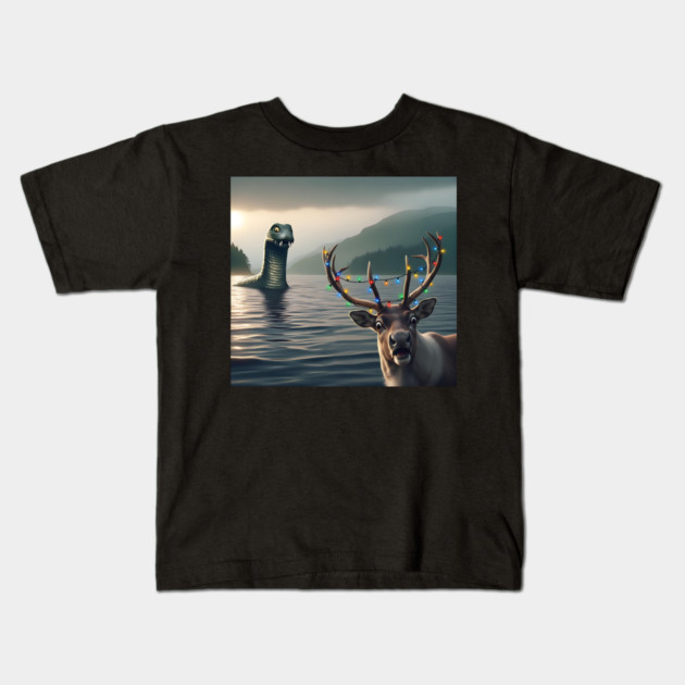 Scared reindeer standing near Loch Ness in Scotland takes selfie with Loch Ness Monster Kids T-Shirt by Luxinda