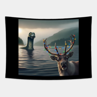 Scared reindeer standing near Loch Ness in Scotland takes selfie with Loch Ness Monster Tapestry