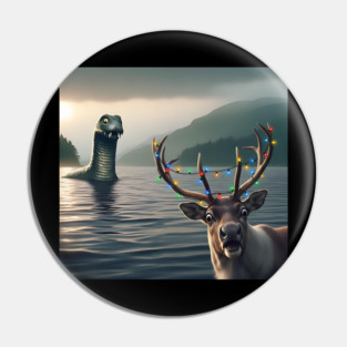 Scared reindeer standing near Loch Ness in Scotland takes selfie with Loch Ness Monster Pin