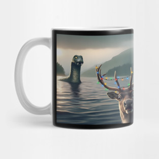 Scared reindeer standing near Loch Ness in Scotland takes selfie with Loch Ness Monster Mug