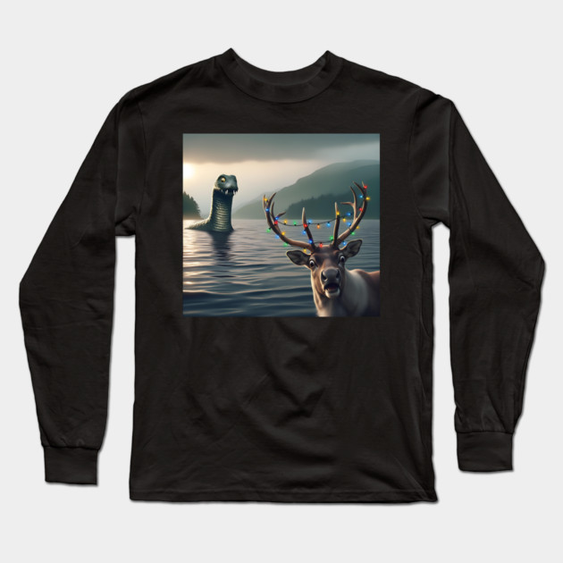 Scared reindeer standing near Loch Ness in Scotland takes selfie with Loch Ness Monster Long Sleeve T-Shirt by Luxinda