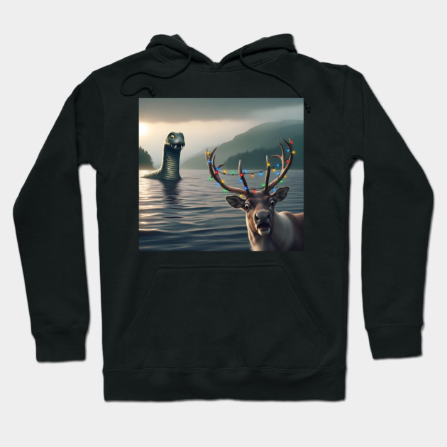 Scared reindeer standing near Loch Ness in Scotland takes selfie with Loch Ness Monster Hoodie by Luxinda