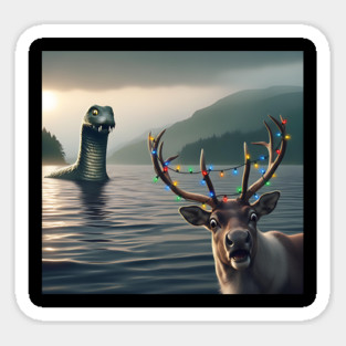 Scared reindeer standing near Loch Ness in Scotland takes selfie with Loch Ness Monster Sticker