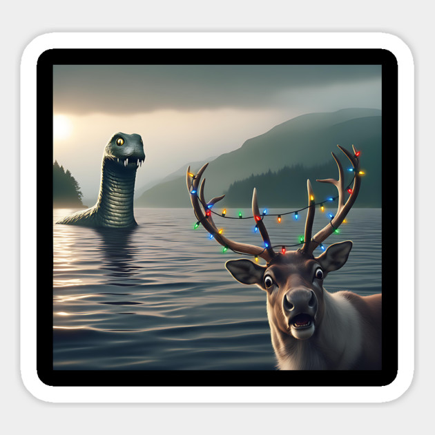 Scared reindeer standing near Loch Ness in Scotland takes selfie with Loch Ness Monster Magnet by Luxinda