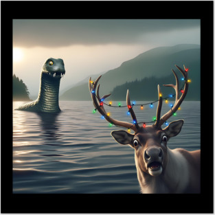 Scared reindeer standing near Loch Ness in Scotland takes selfie with Loch Ness Monster Posters and Art