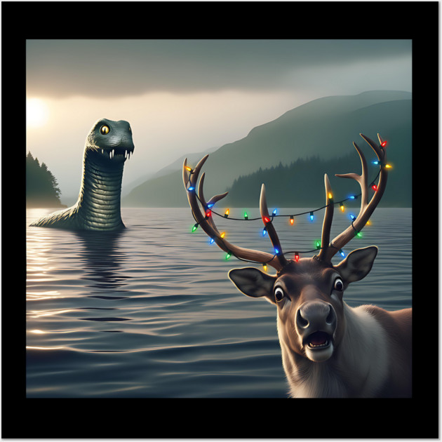 Scared reindeer standing near Loch Ness in Scotland takes selfie with Loch Ness Monster Wall Art by Luxinda