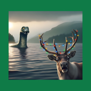 Scared reindeer standing near Loch Ness in Scotland takes selfie with Loch Ness Monster T-Shirt