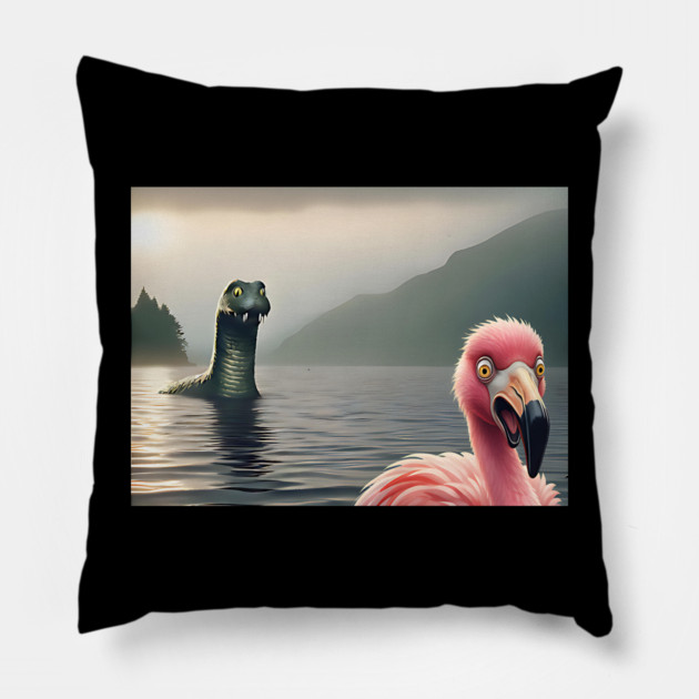Scared flamingo standing near Loch Ness in Scotland takes selfie with Loch Ness Monster Nessie Pillow by Luxinda