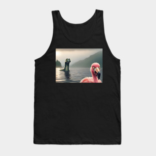 Scared flamingo standing near Loch Ness in Scotland takes selfie with Loch Ness Monster Nessie Tank Top