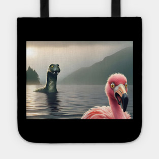 Scared flamingo standing near Loch Ness in Scotland takes selfie with Loch Ness Monster Nessie Tote