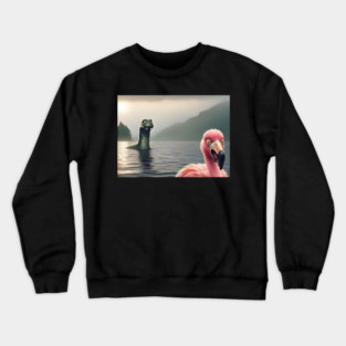 Scared flamingo standing near Loch Ness in Scotland takes selfie with Loch Ness Monster Nessie Crewneck Sweatshirt