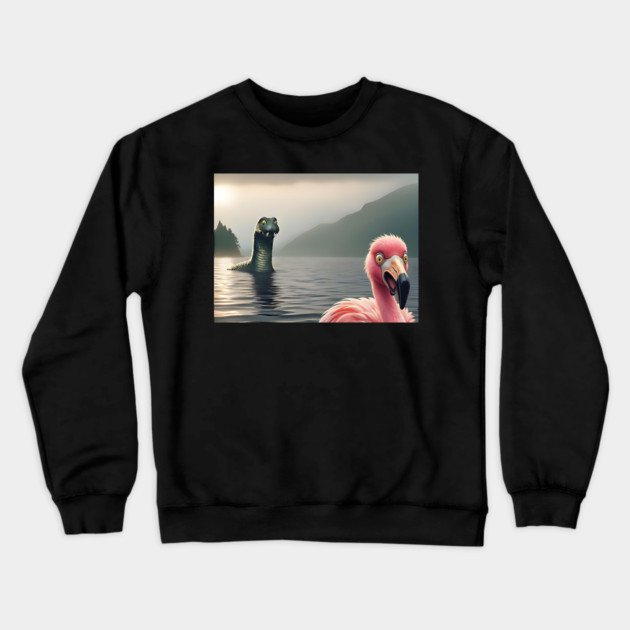 Scared flamingo standing near Loch Ness in Scotland takes selfie with Loch Ness Monster Nessie Crewneck Sweatshirt by Luxinda