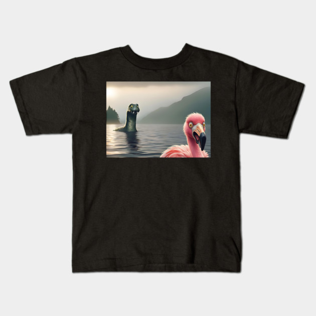Scared flamingo standing near Loch Ness in Scotland takes selfie with Loch Ness Monster Nessie Kids T-Shirt by Luxinda