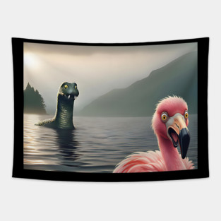 Scared flamingo standing near Loch Ness in Scotland takes selfie with Loch Ness Monster Nessie Tapestry