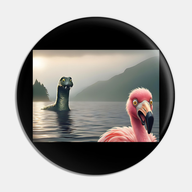 Scared flamingo standing near Loch Ness in Scotland takes selfie with Loch Ness Monster Nessie Pin by Luxinda