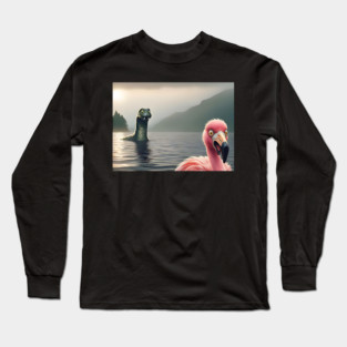 Scared flamingo standing near Loch Ness in Scotland takes selfie with Loch Ness Monster Nessie Long Sleeve T-Shirt